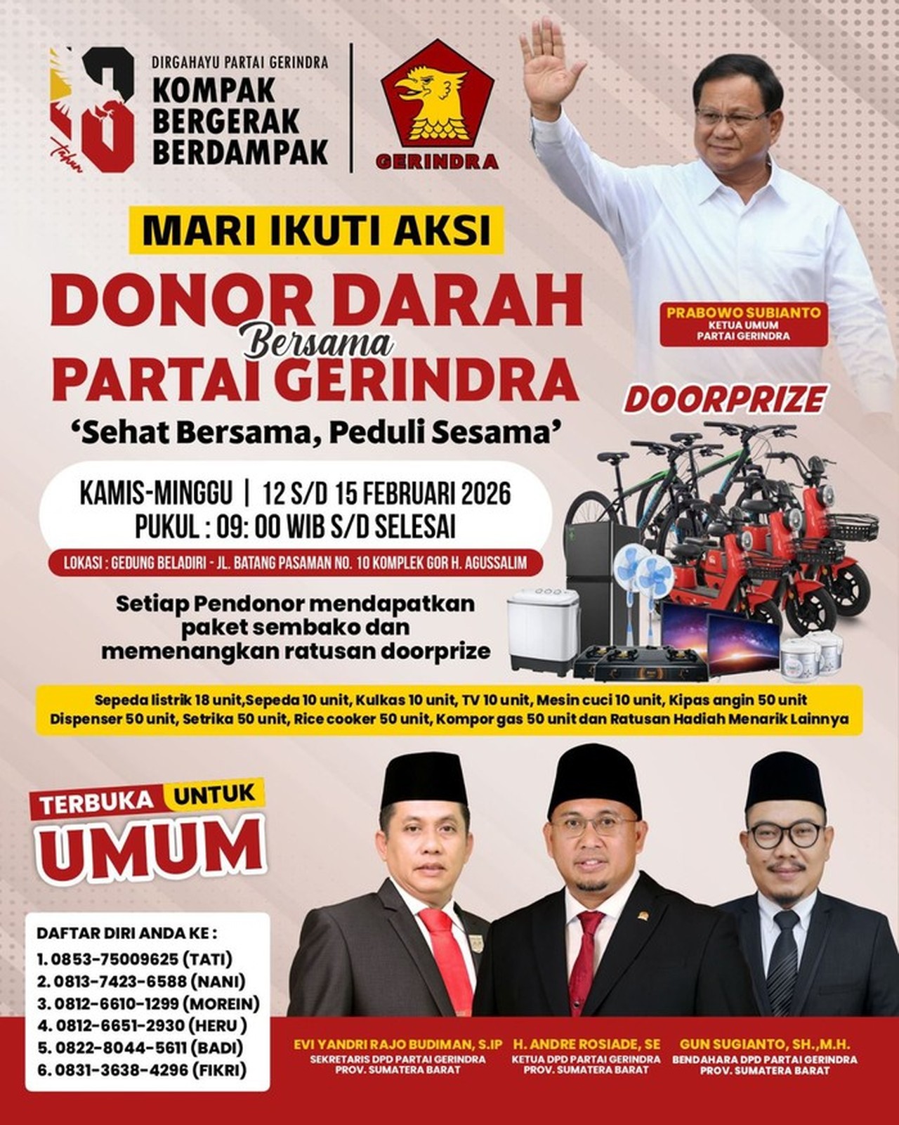 Gerindra Sumbar Targetkan Rekor MURI Donor Darah Massal di Padang